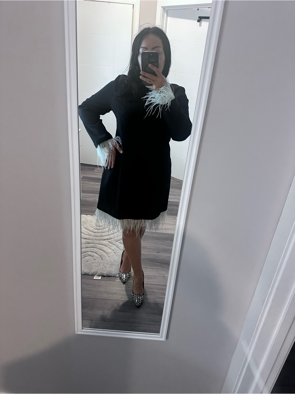 H&M Black Mini Dress with White Feather Trim